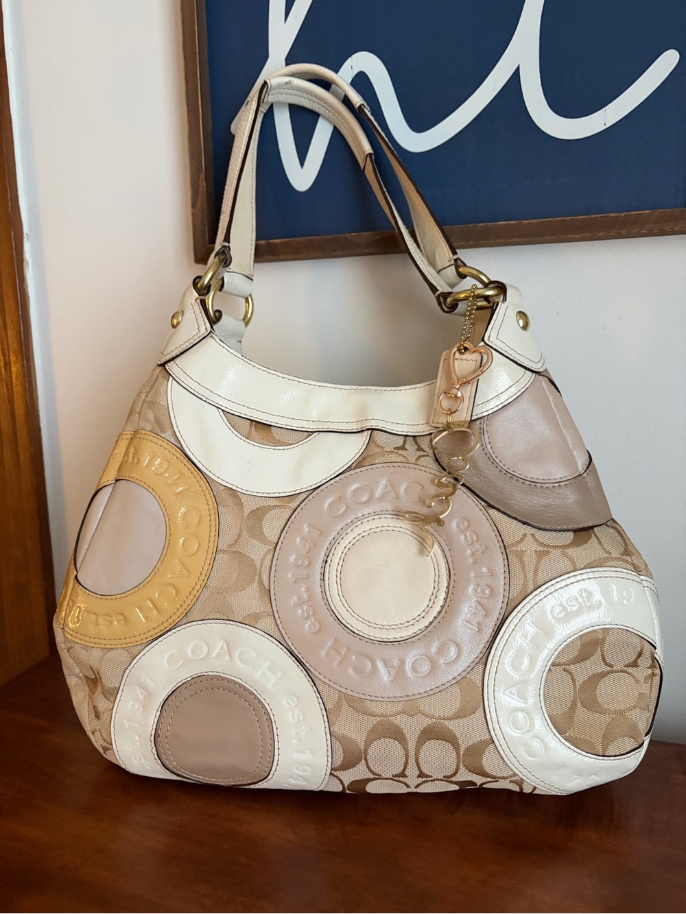 Coach Beige, Cream & Gold Signature Circle Hobo Shoulder Bag